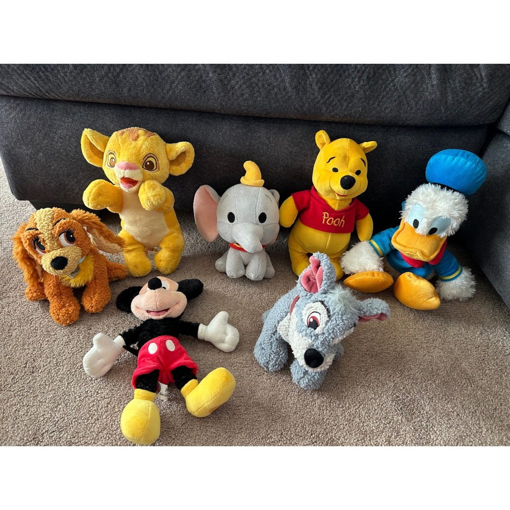 VTG Disney Plush Lot Mickey Mouse Winnie Pooh Simba Dumbo Donald Lady Tramp 7pc